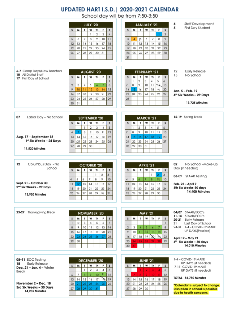 UPDATED Hart ISD 202021 School Calendar Hart ISD