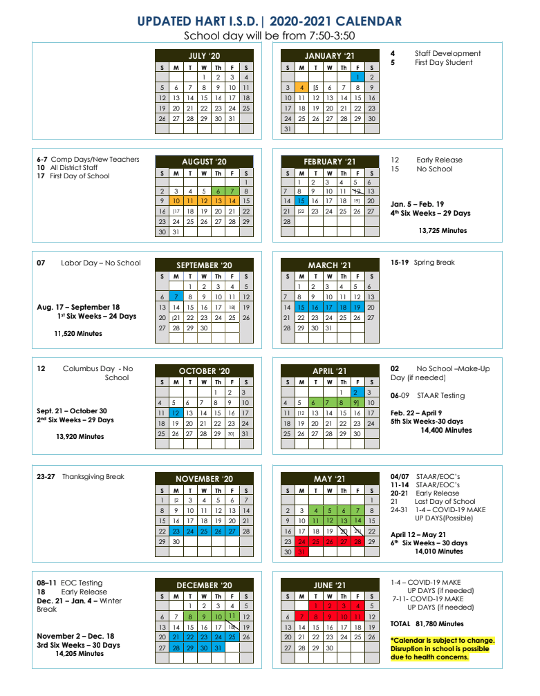 Hart ISD 2020-21 Calendar